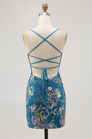 Bodycon Floral Peacock Homecoming Dress with Sequins